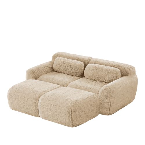 Canapé Modulable 2 Places Avec 2 Ottomans Repose-pieds En Tissu Peluche Kaki Clair, Sans Montage