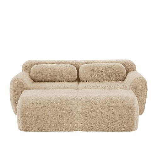 Canapé Modulable 2 Places Avec 2 Ottomans Repose-pieds En Tissu Peluche Kaki Clair, Sans Montage