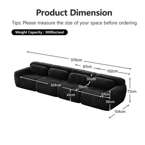 Canapé Modulable 4 Places En Tissu Peluche Noir, Mousse Haute Résilience, Sans Montage