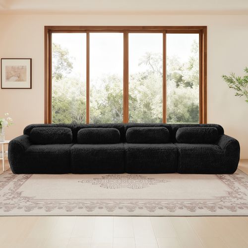Canapé Modulable 4 Places En Tissu Peluche Noir, Mousse Haute Résilience, Sans Montage