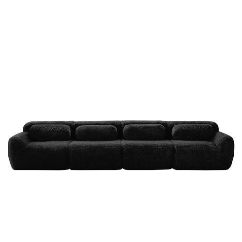 Canapé Modulable 4 Places En Tissu Peluche Noir, Mousse Haute Résilience, Sans Montage