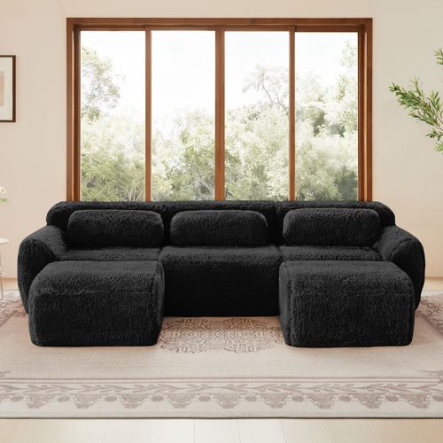 Canapé D'angle Modulable En U 3 Places Tissu Peluche Noir, Base Antidérapante, Sans Montage