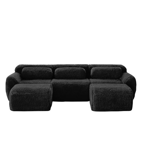 Canapé D'angle Modulable En U 3 Places Tissu Peluche Noir, Base Antidérapante, Sans Montage
