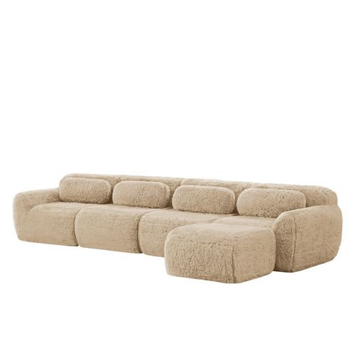 Canapé D'angle Modulable 4 Places, Tissu Peluche Premium Kaki Clair, Sans Montage