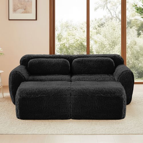 Canapé Modulable 2 Places Avec 2 Ottomans Repose-pieds En Tissu Peluche Noir, Sans Montage