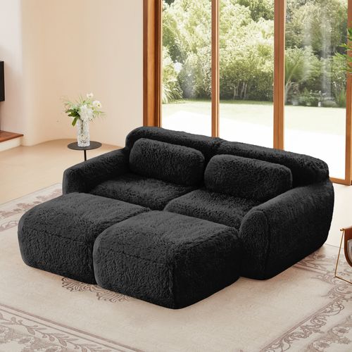 Canapé Modulable 2 Places Avec 2 Ottomans Repose-pieds En Tissu Peluche Noir, Sans Montage