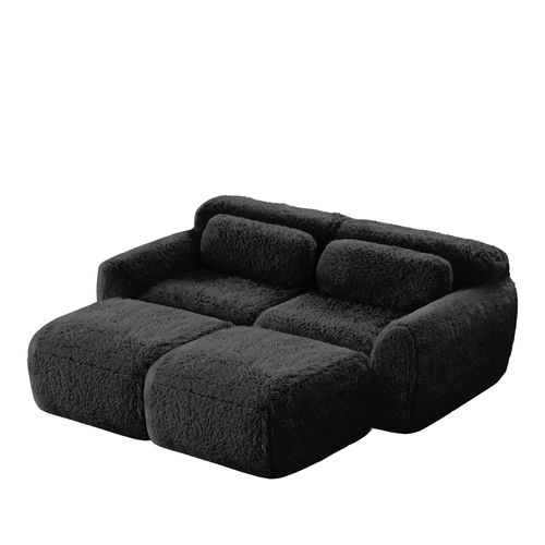 Canapé Modulable 2 Places Avec 2 Ottomans Repose-pieds En Tissu Peluche Noir, Sans Montage