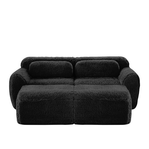 Canapé Modulable 2 Places Avec 2 Ottomans Repose-pieds En Tissu Peluche Noir, Sans Montage