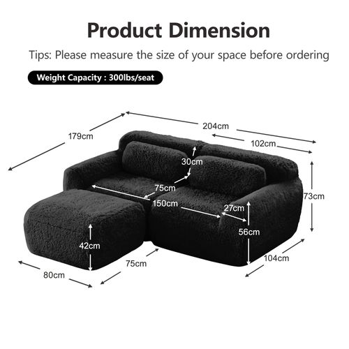 Canapé D'angle Modulable 2 Places 204cm En Tissu Peluche Noir, Sans Montage