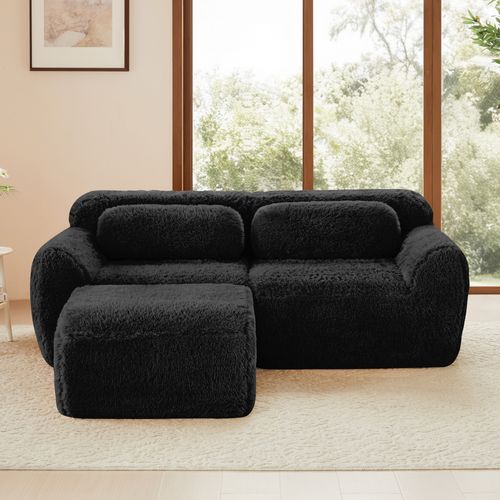 Canapé D'angle Modulable 2 Places 204cm En Tissu Peluche Noir, Sans Montage