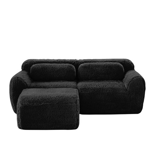 Canapé D'angle Modulable 2 Places 204cm En Tissu Peluche Noir, Sans Montage