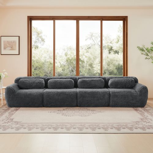 Canapé Modulable 4 Places En Tissu Peluche Gris, Mousse Haute Résilience, Sans Montage