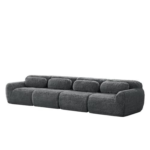 Canapé Modulable 4 Places En Tissu Peluche Gris, Mousse Haute Résilience, Sans Montage