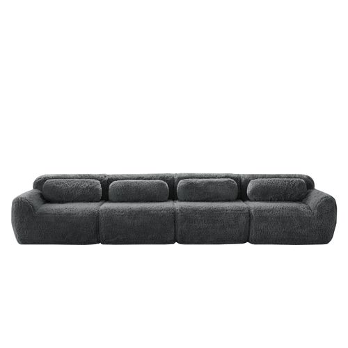 Canapé Modulable 4 Places En Tissu Peluche Gris, Mousse Haute Résilience, Sans Montage