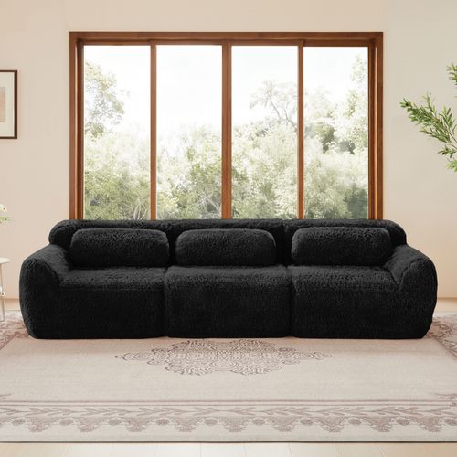 Canapé Modulable 3 Places En Velours Noir Avec Ottoman Connectable Et Base Antidérapante