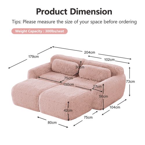 Canapé Modulable 2 Places Avec 2 Ottomans Repose-pieds En Tissu Peluche Rose, Sans Montage