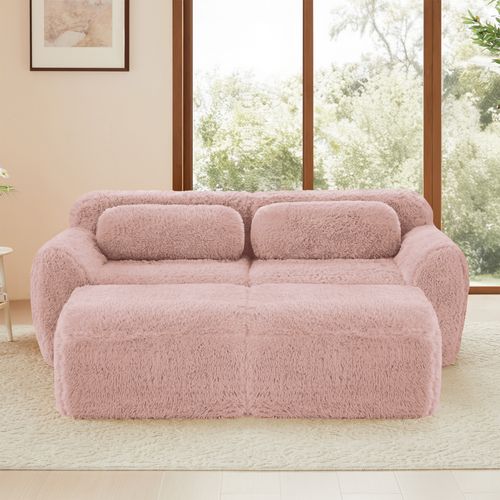 Canapé Modulable 2 Places Avec 2 Ottomans Repose-pieds En Tissu Peluche Rose, Sans Montage