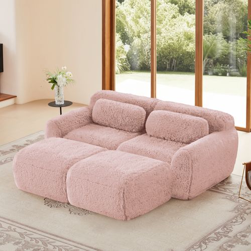 Canapé Modulable 2 Places Avec 2 Ottomans Repose-pieds En Tissu Peluche Rose, Sans Montage