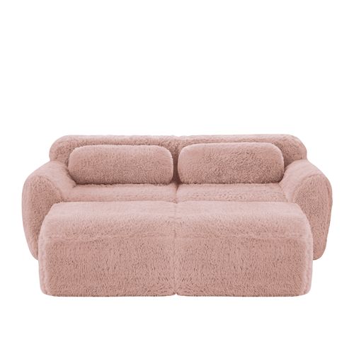 Canapé Modulable 2 Places Avec 2 Ottomans Repose-pieds En Tissu Peluche Rose, Sans Montage