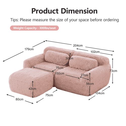 Canapé D'angle Modulable 2 Places 204cm En Tissu Peluche Rose, Sans Montage