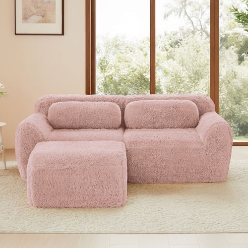 Canapé D'angle Modulable 2 Places 204cm En Tissu Peluche Rose, Sans Montage