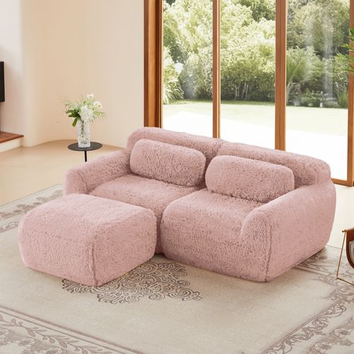 Canapé D'angle Modulable 2 Places 204cm En Tissu Peluche Rose, Sans Montage
