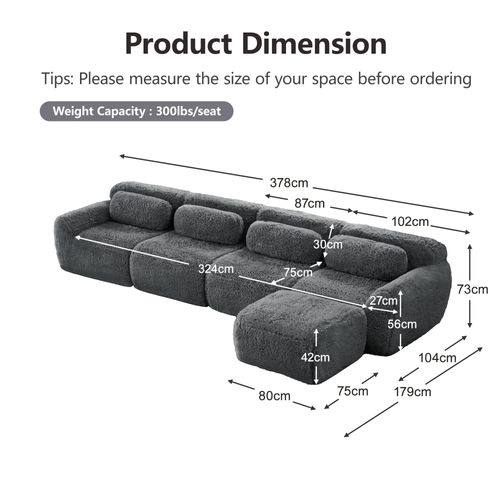 Canapé D'angle Modulable 4 Places, Tissu Peluche Premium Gris, Sans Montage