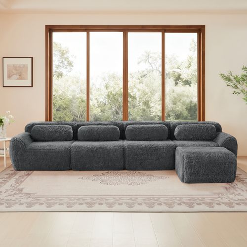 Canapé D'angle Modulable 4 Places, Tissu Peluche Premium Gris, Sans Montage