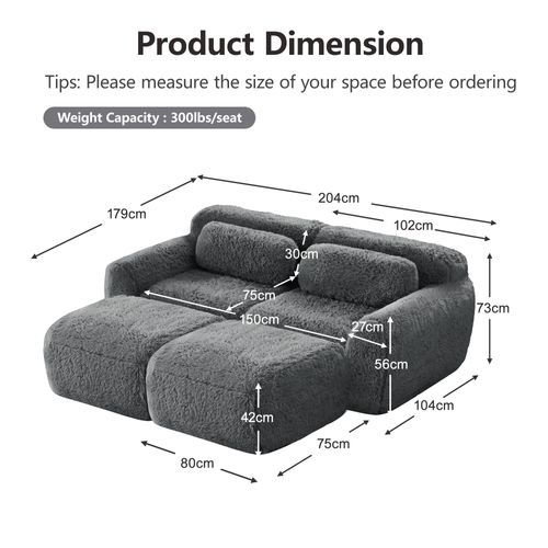 Canapé Modulable 2 Places Avec 2 Ottomans Repose-pieds En Tissu Peluche Gris, Sans Montage