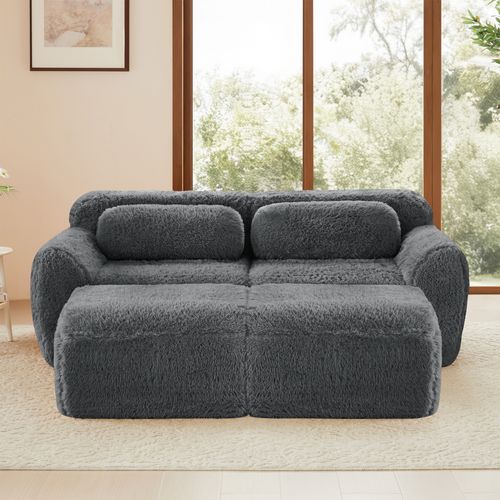 Canapé Modulable 2 Places Avec 2 Ottomans Repose-pieds En Tissu Peluche Gris, Sans Montage