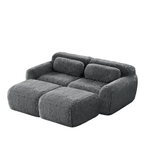 Canapé Modulable 2 Places Avec 2 Ottomans Repose-pieds En Tissu Peluche Gris, Sans Montage