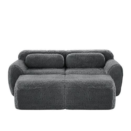 Canapé Modulable 2 Places Avec 2 Ottomans Repose-pieds En Tissu Peluche Gris, Sans Montage