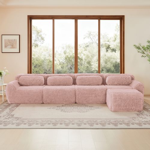 Canapé D'angle Modulable 4 Places, Tissu Peluche Premium Rose, Sans Montage