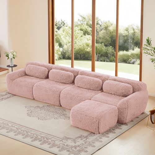Canapé D'angle Modulable 4 Places, Tissu Peluche Premium Rose, Sans Montage