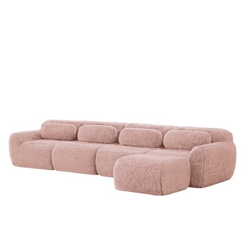 Canapé D'angle Modulable 4 Places, Tissu Peluche Premium Rose, Sans Montage