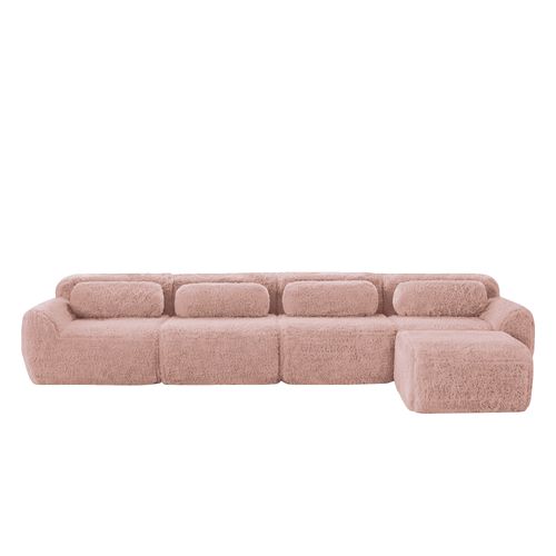 Canapé D'angle Modulable 4 Places, Tissu Peluche Premium Rose, Sans Montage