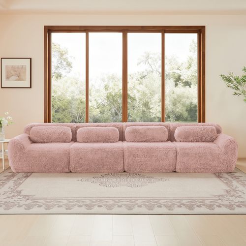 Canapé Modulable 4 Places En Tissu Peluche Rose, Mousse Haute Résilience, Sans Montage