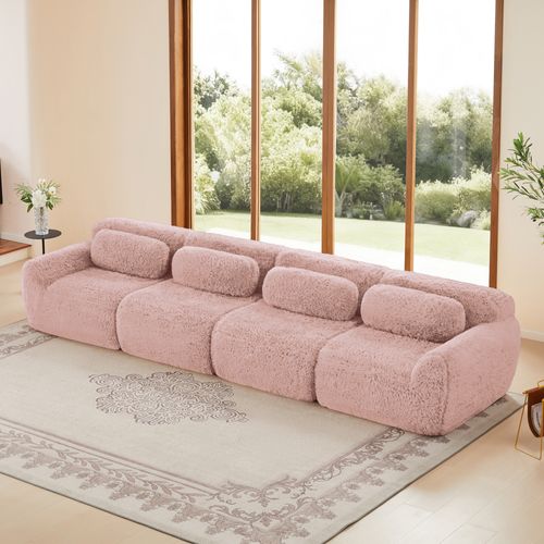 Canapé Modulable 4 Places En Tissu Peluche Rose, Mousse Haute Résilience, Sans Montage