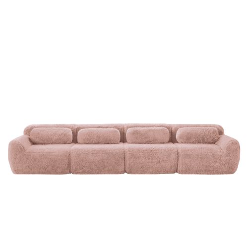 Canapé Modulable 4 Places En Tissu Peluche Rose, Mousse Haute Résilience, Sans Montage