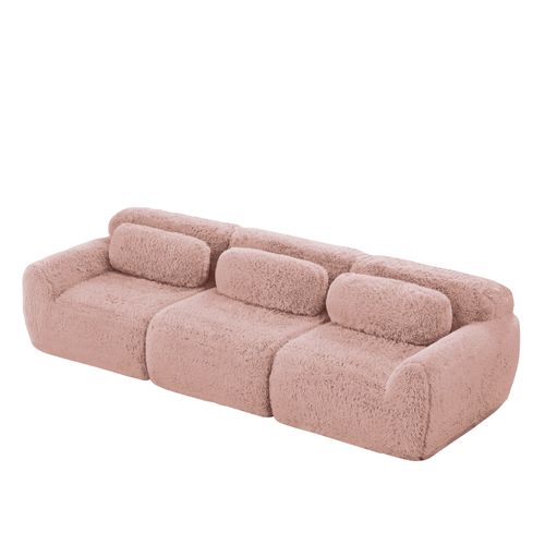 Canapé 3 Places Modulable En Tissu Peluche Rose, Sans Montage, Base Antidérapante
