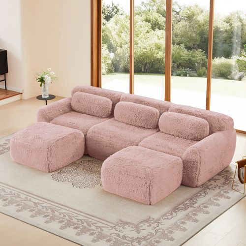 Canapé D'angle Modulable En U 3 Places Tissu Peluche Rose, Base Antidérapante, Sans Montage