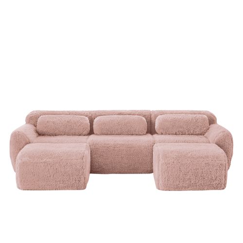 Canapé D'angle Modulable En U 3 Places Tissu Peluche Rose, Base Antidérapante, Sans Montage