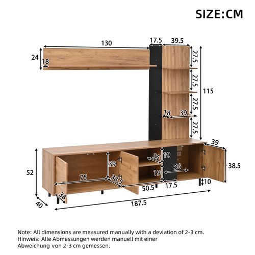 Meuble TV Bois Et Noir Avec Étagère Et Rangement Mural, 3 Portes Et Niches