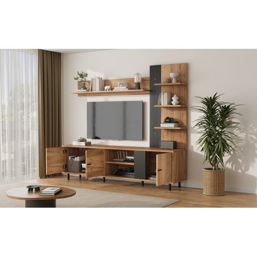 Meuble TV Bois Et Noir Avec Étagère Et Rangement Mural, 3 Portes Et Niches