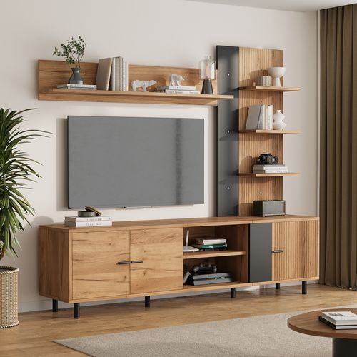 Meuble TV Bois Et Noir Avec Étagère Et Rangement Mural, 3 Portes Et Niches