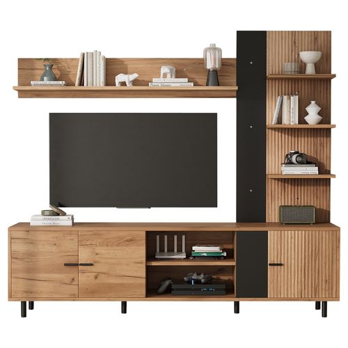 Meuble TV Bois Et Noir Avec Étagère Et Rangement Mural, 3 Portes Et Niches