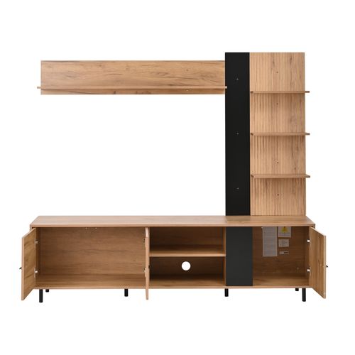 Meuble TV Bois Et Noir Avec Étagère Et Rangement Mural, 3 Portes Et Niches