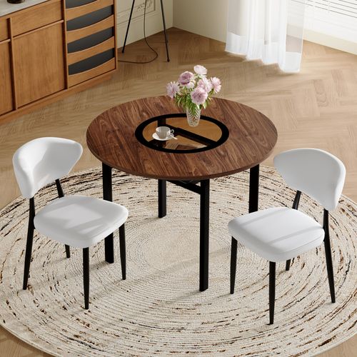 Ensemble Table Ronde 100 Cm Bois Brun Et 2 Chaises Pu Blanc