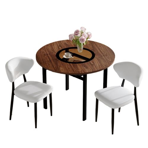 Ensemble Table Ronde 100 Cm Bois Brun Et 2 Chaises Pu Blanc