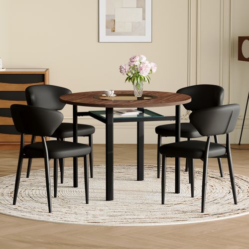 Ensemble Table Ronde 100 Cm Bois Marron Avec 4 Chaises Pu Noir, Salon Et Salle à Manger